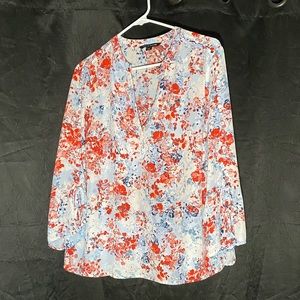 Zac & Rachel Medium Women’s Blue and Red Blouse, button-down 3/4 sleeves w/ ties